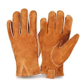 Man Work Gloves Stretchable Tough Grip Leather for Utility Construction Wood Cutting Cowhide Gardening Hunting Gloves 2010 (Color: Coffee-No Logo)