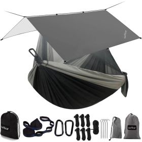 Hammock Camping with Rain Fly Tarp and Net, Portable Camping Hammock Double Tree Hammock Outdoor Indoor Backpacking (Color: Black Grey Bundle-78)