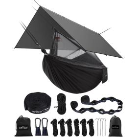 Hammock Camping with Rain Fly Tarp and Net, Portable Camping Hammock Double Tree Hammock Outdoor Indoor Backpacking (Color: Black Bundle-55)