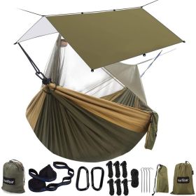 Hammock Camping with Rain Fly Tarp and Net, Portable Camping Hammock Double Tree Hammock Outdoor Indoor Backpacking (Color: Green Bundle-55)