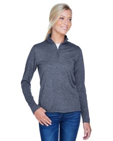 UltraClub 8618W Ladies' Cool & Dry Heathered Performance Quarter-Zip (Color: NAVY HEATHER)