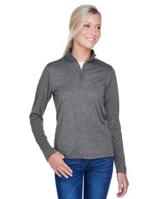 UltraClub 8618W Ladies' Cool & Dry Heathered Performance Quarter-Zip (Color: BLACK HEATHER)